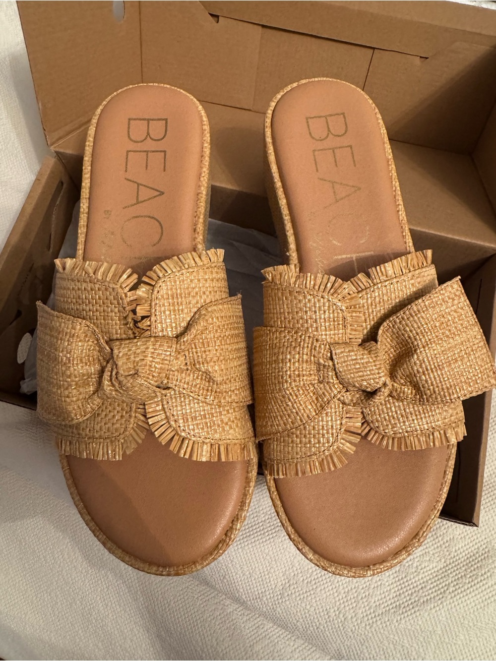 Tan Raffia Bow Slide Sandals